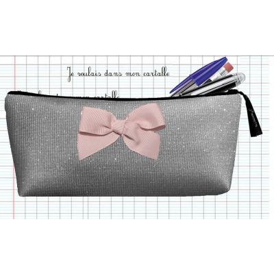 Customizable School Kit - Sparkling Gray - with pink grosgrain knot