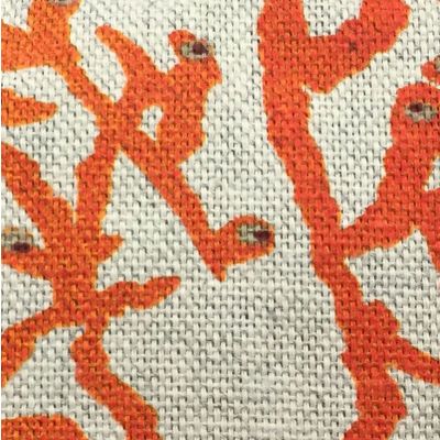 Linen fabric with orange coral motifs - sides in shiny linen coated with waterproof plastic