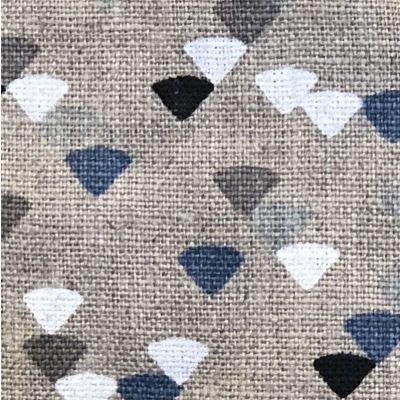 100% natural linen fabric with blue, white, medium gray and dark gray triangle patterns