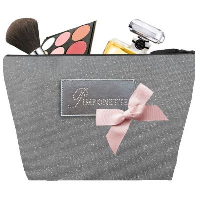 Women's Toiletry Bag - Personalized Kit with Plate and Bowknot - Original Women's Gift - Glittering gray