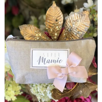 Grandma Gift - Shiny Linen Pouch, Pink Bow and Super Mamie Text