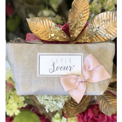 Sister Gift - Shiny Linen Pouch, Pink Bow and "Super Sister" Text