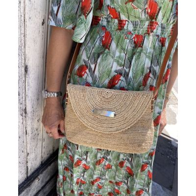 Raffia bag with leather shoulder strap - straw color