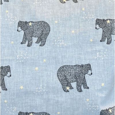 Sky blue cotton fabric with dark gray bear pattern