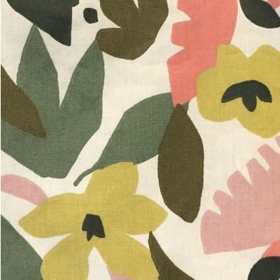 Coated cotton fabric - ecru background with pink green, coral, mustard patterns