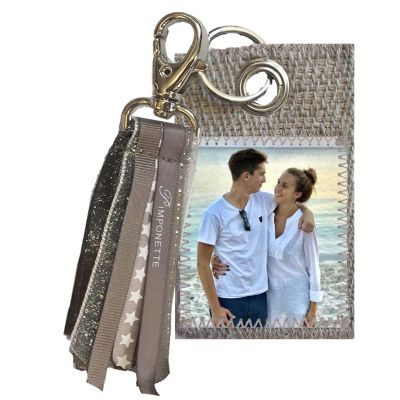 Custom key rings in taupe ribbon