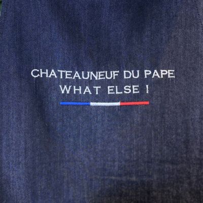 Personalized apron Chateauneuf du Pape - blue white red embroidered jeans