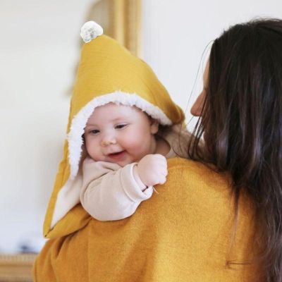 Mustard Yellow blanket in double cotton gauze - Teddy fleece interior