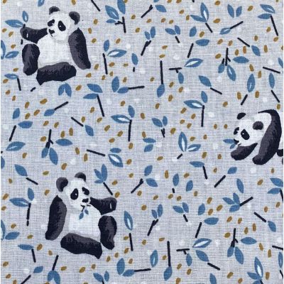 Pearl gray cotton fabric with black and light gray panda, denim blue foliage and mustard stitch patterns