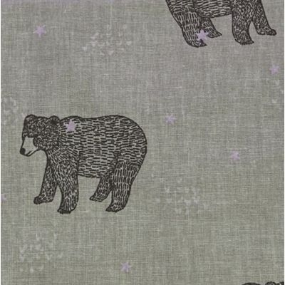 Khaki cotton fabric with dark gray bear pattern