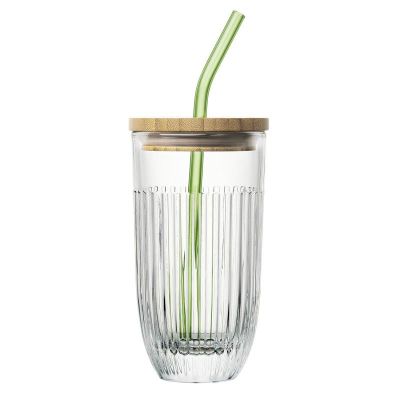 Smoothie glass with its glass straw and brush to clean it