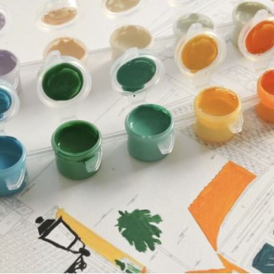 17 small pots of ecological and safe paint, in different colors